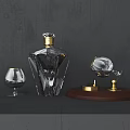 Crystal Tableware Set With Gold Accents Decanter Wine Glasses And Wooden Base