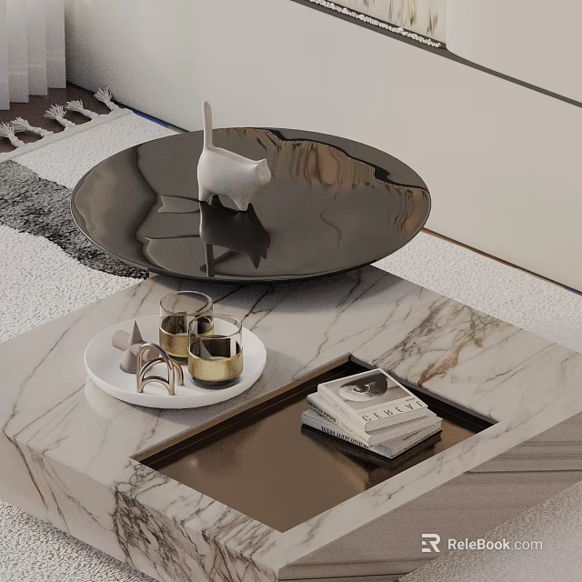 Modern Sofa and Coffee Table Set with Marble Top Metallic Decor Tray and Magazines 3d model