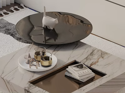 Modern Sofa and Coffee Table Set with Marble Top Metallic Decor Tray and Magazines 3d model