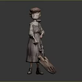 Adorable Child Statue Wearing Dress And Hat Holding Tool On Decorative Base Platform