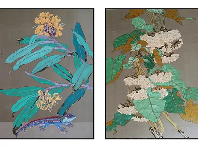 Botanical Paintings With Green Leaves Yellow White Flowers Vines And Lizard 3d model