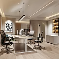 Modern Open Office Interior With Wooden Desk Glass Bookshelf Green Plant And White Chair
