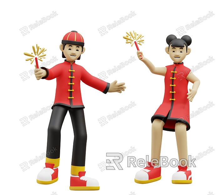 New Year Scene Cartoon Men and Women Cartoon Scene Festive Scene model