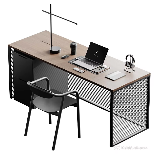 Modern Office Desk With Wooden Top Black Metal Frame Laptop Desk Lamp Headphones And Mouse Pad 3d model 