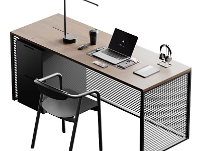 Modern Office Desk With Wooden Top Black Metal Frame Laptop Desk Lamp Headphones And Mouse Pad 3d model