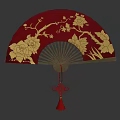 Traditional Red Hand Fan Featuring Golden Floral Patterns And Tassel Ornament