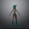 3D Animated Character With Teal Hair White Tank Top Brown Pants And Green Boots