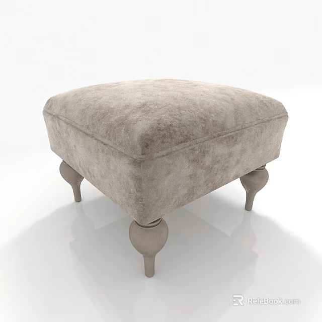 Light Gray Upholstered Ottoman with Classic Turned Wooden Legs for Living Room Decor 3d model 
