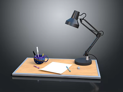 Wooden Desk Setup With Black Desk Lamp Pen Holder Blank Paper Pencil And Sharpener 3d model