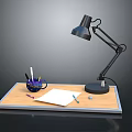 Wooden Desk Setup With Black Desk Lamp Pen Holder Blank Paper Pencil And Sharpener