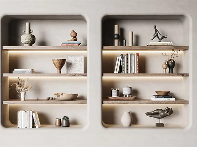 Decorative Ornament Arrangement On Illuminated Niche Shelves Featuring Vases Sculptures Books And Bowls 3d model