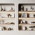 Decorative Ornament Arrangement On Illuminated Niche Shelves Featuring Vases Sculptures Books And Bowls