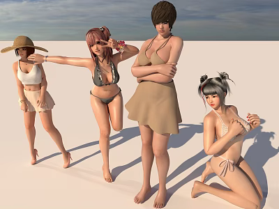 Women in Bikini and Summer Dresses Posing with Hat on White Sandy Ground 3d model