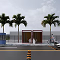 Urban Street Scene With Palm Trees Container Cabins Cyclist Car And Street Lamps