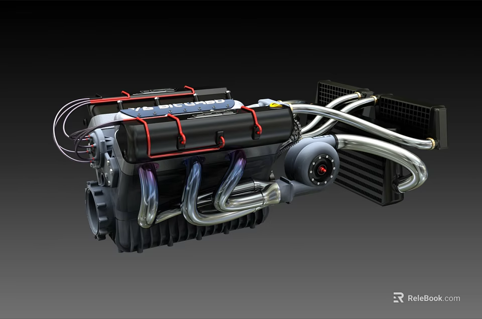 Detailed 3D Engine Model With Black Body Red Accent Lines Silver Pipes And Radiator 3d model 