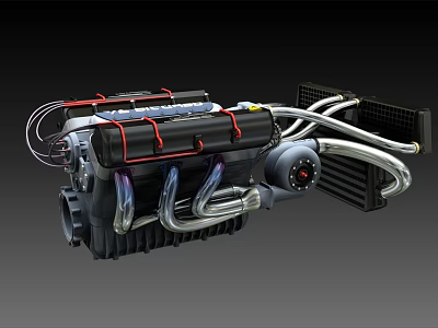 Detailed 3D Engine Model With Black Body Red Accent Lines Silver Pipes And Radiator 3d model