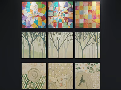 Colorful Abstract Paintings With Geometric Patterns Tree Designs Spiral Motifs And Bird Elements 3d model