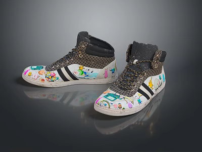High Top Casual Sneakers With Colorful Graffiti Design Black Stripes And White Sole 3d model
