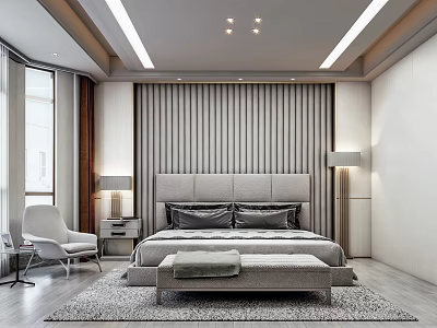 Modern Bedroom Interior Design With Striped Accent Wall Gray Headboard Bench Chair And Rug 3d model