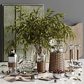 Elegant Glass Tableware Set With Woven Holders Green Plant Ice Cubes And Olives