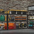 Organized Metal Storage Shelves With Tools Storage Boxes And Gas Cylinders By Brick Wall