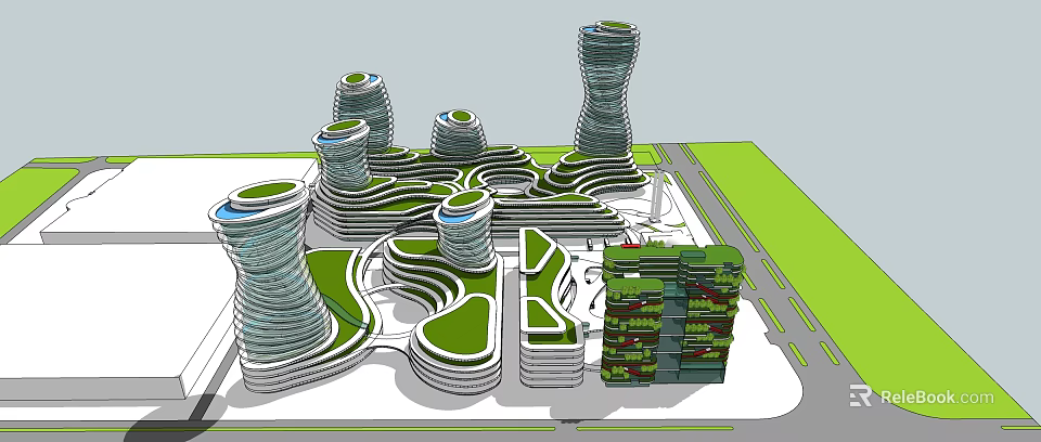 Modern Commercial Complex With Spiral Towers Green Roofs And Open Spaces 3d model 