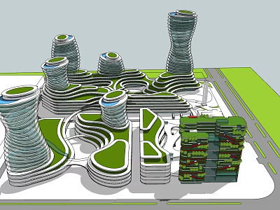 Modern Commercial Complex With Spiral Towers Green Roofs And Open Spaces 3d model