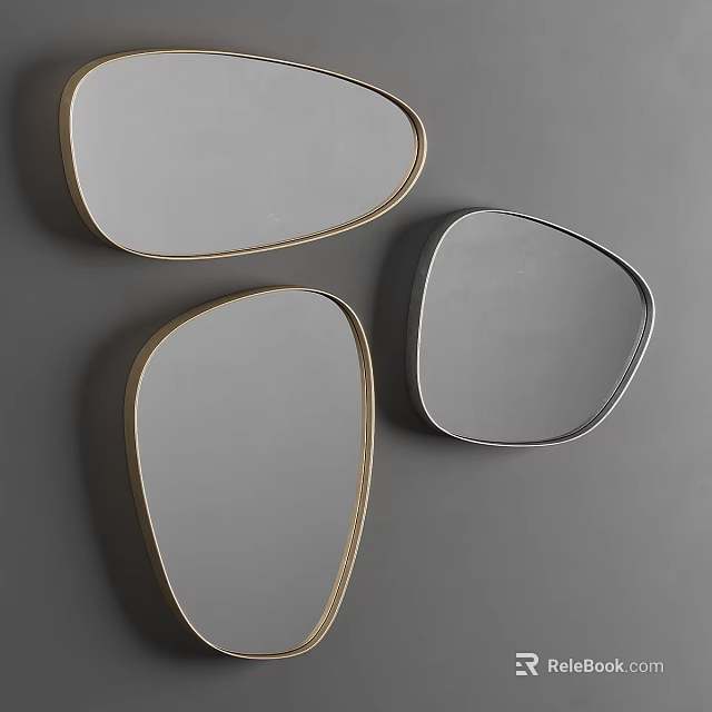 Modern Decorative Mirrors With Irregular Shapes And Gold Silver Frames On Gray Wall 3d model