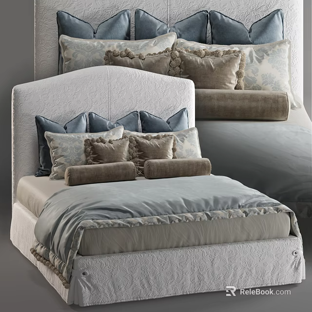 Elegant Double Bed With Upholstered Headboard Multiple Neutral Pillows And Soft Gray Bedspread 3d model 