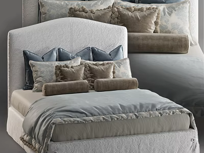 Elegant Double Bed With Upholstered Headboard Multiple Neutral Pillows And Soft Gray Bedspread 3d model