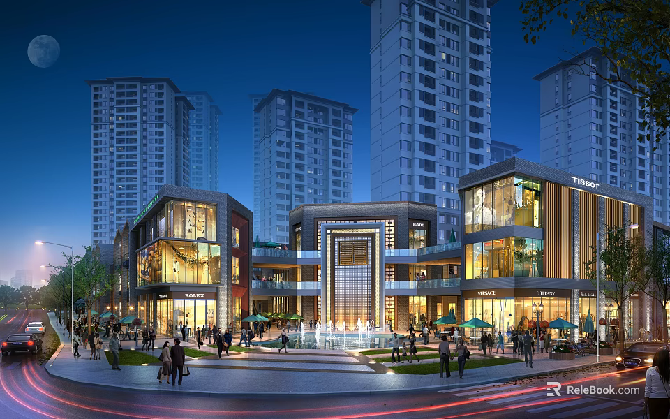 Vibrant Commercial Street Night View With Modern Architecture Bright Lights And Pedestrians 3d model 