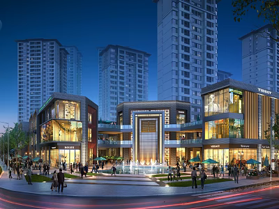 Vibrant Commercial Street Night View With Modern Architecture Bright Lights And Pedestrians 3d model