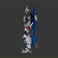 Detailed Blue White Mecha Robot Figure With Yellow Horn Red Eyes And Blue Wings