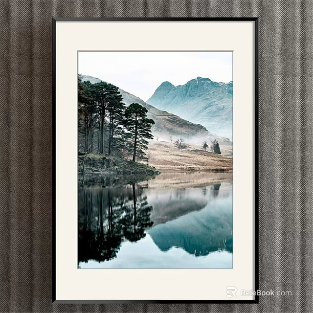 Serene Landscape Painting With Misty Mountains Calm Lake And Tree Reflections 3d model 