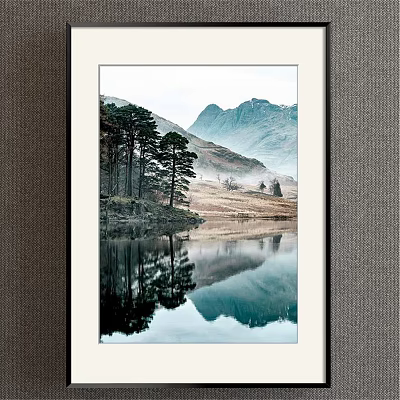 Serene Landscape Painting With Misty Mountains Calm Lake And Tree Reflections 3d model