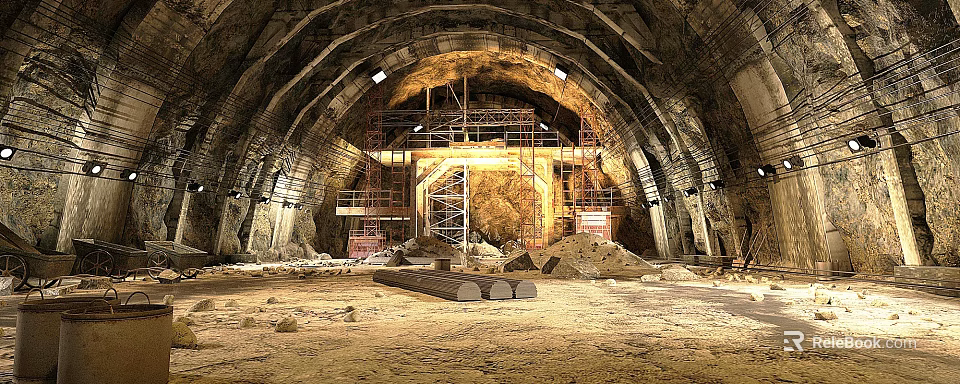 Tunnel Construction Site With Arched Structure Scaffolding Materials And Lighting 3d model 