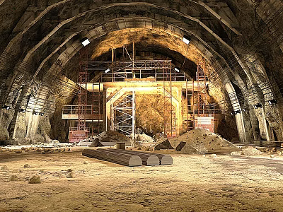 Tunnel Construction Site With Arched Structure Scaffolding Materials And Lighting 3d model
