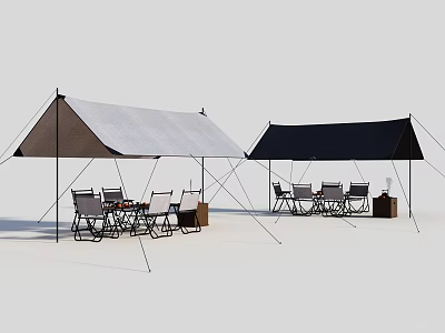 Outdoor Camping Tents With Gray And Black Canopies And Seating Furniture 3d model