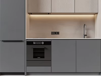 Modern Kitchen Cabinets With Grey Light Wood Design Built in Oven Faucet And Countertop 3d model