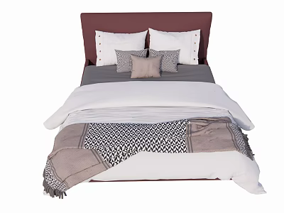 Modern Double Bed Wine Red Simple Soft Bedside Fabric Double Bed 3d model