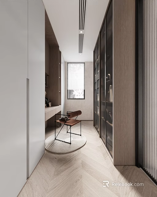Modern Walk in Closet Interior Design With Wooden Cabinets Glass Doors And Seating Chair 3d model 