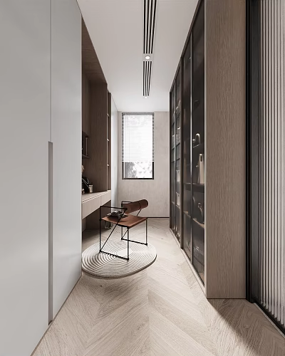 Modern Walk in Closet Interior Design With Wooden Cabinets Glass Doors And Seating Chair 3d model