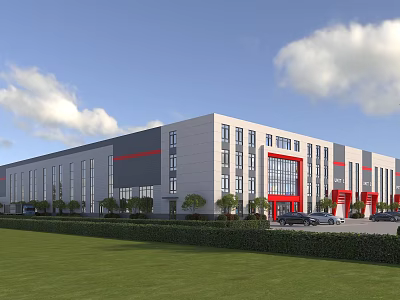 Modern Industrial Factory Building With Gray Exterior Red Accents Large Windows Lawn And Cars 3d model