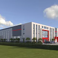 Modern Industrial Factory Building With Gray Exterior Red Accents Large Windows Lawn And Cars