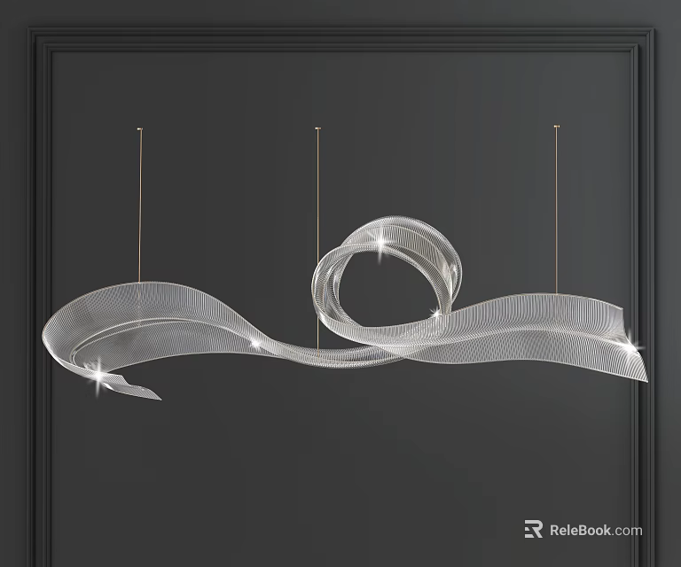 Sleek Modern Curved Crystal Chandelier with Transparent Sleek Design and Gold Hanging Wires 3d model 