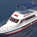 Modern Yacht With Blue Canopy White Hull Red Accents On Water