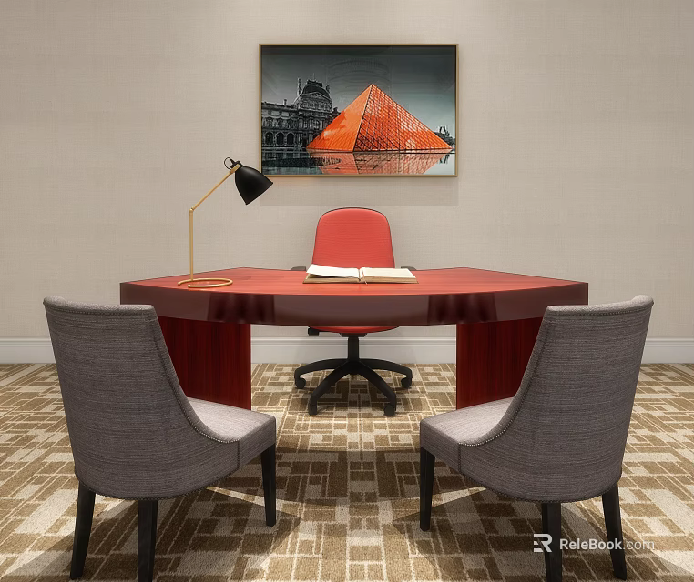 Red Desk with Open Book Black Lamp Red Chair Gray Armchairs and Wall Artwork Pyramid 3d model 