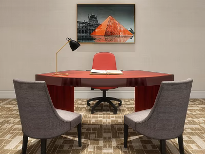 Red Desk with Open Book Black Lamp Red Chair Gray Armchairs and Wall Artwork Pyramid 3d model