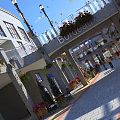 Vibrant Commercial Street with Colorful Balloons Outdoor Seating Green Plants and Pedestrians
