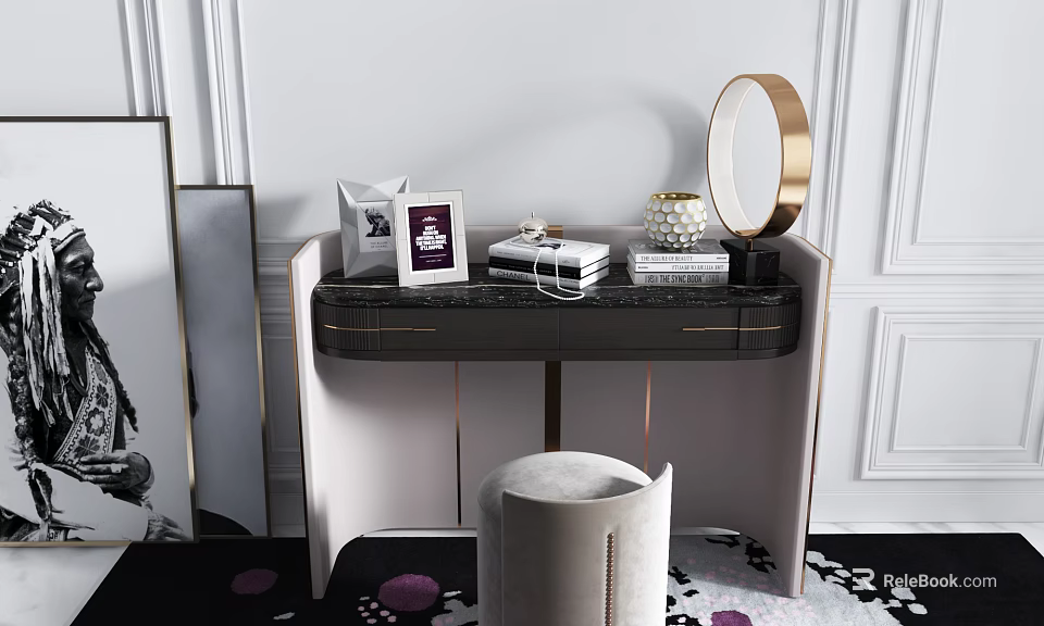 Elegant Modern Dressing Table With Black Countertop Gold Round Mirror And Velvet Stool 3d model 